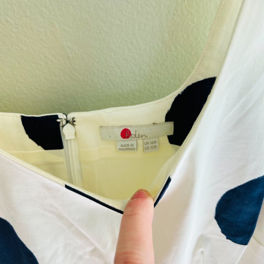 Boden Winifred Dress Womens Size 12 Cream Navy Blue Dot Midi Fit Flare Cotton - Picture 6 of 14